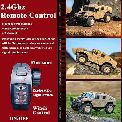 Skymaker RC Military Truck Humvee 2.4Ghz Remote Control Truck 4WD RC Hummer with Winch &amp Machine Gun Khaki
