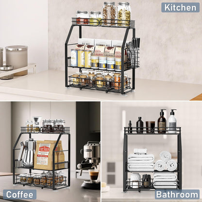 PXYHMUS Spice Rack Organizer for Cabinet, 3 Tier Black Countertop Organizer Small Spice Rack, Kitchen Spice Shelf Organizer for Cabinet, Pantry, Bathroom, Bedroom, Coffee Station