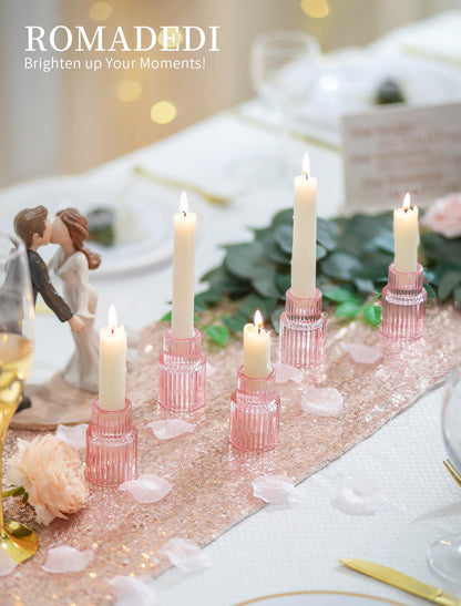 Romadedi Pink Glass Candle Holders - 10 Pcs Ribbed Candlestick Holder Bulk for Table Centerpiece Elegant Taper Holder for Wedding Birthday Party Baby Showers Valentines Mother's Day Christmas