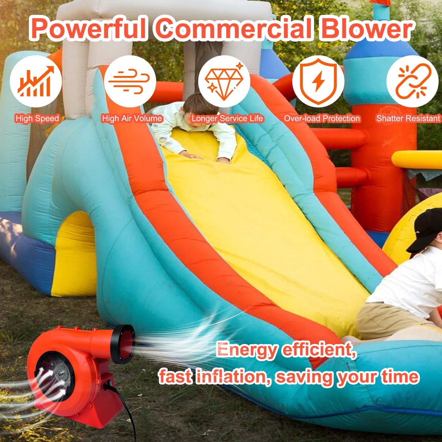 GONFLABLE 1500W 2HP High Power Bounce House Blower, Portable Fan Pump Air Blower Commercial for Large Inflatables, Bubble House, Water Slides, Castle, Jump Slides, Holiday Decorations