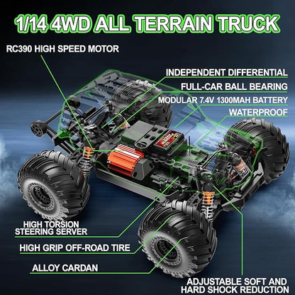 RC Cars 1:14 Scale 4WD Off-Road Monster Truck Rc 40+ KM/H 4X4 Waterproof ESC Remote Control Car with Dual 7.4V 1300mAh Batteries Extra Paddle Tires &amp Full Roll-Cage Frame for Adults &amp Boys