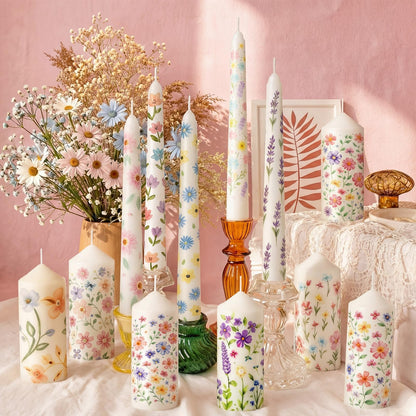 Treela 60 Pcs DIY Candle Painting Kit Include 6 White 6 White Tapered & 6 Pillar Candles 12 Candle Wax Pen 24 Floral Painting Stencils 6 Paint Brushes 6 Sponge Blocks for Craft Birthday Wedding Party