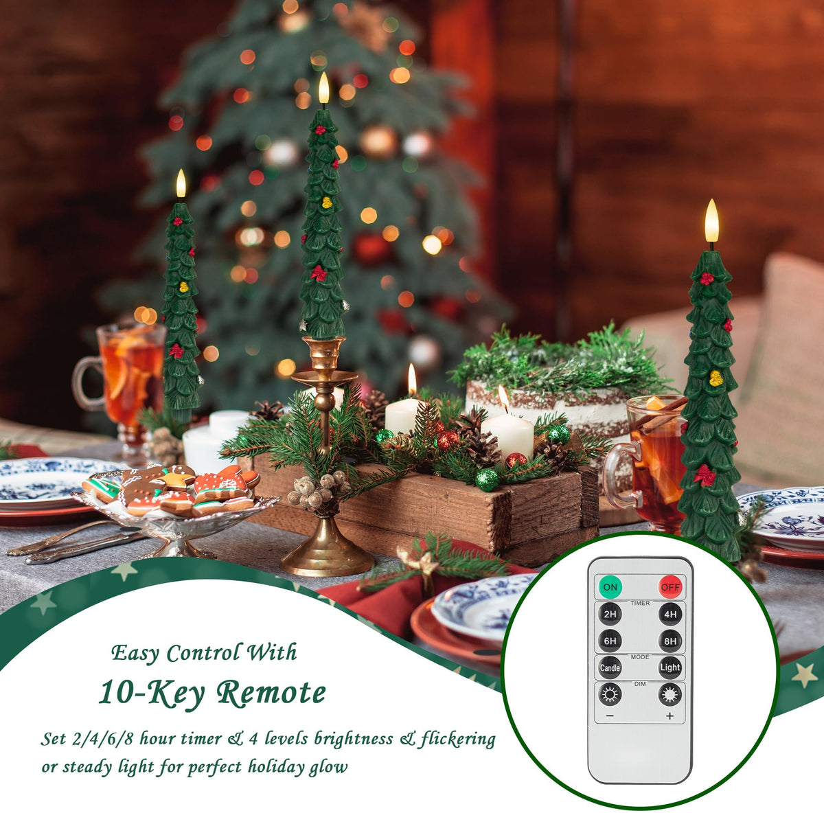 AFINETH Christmas Tree Taper Candles with Remote, 2 Pack Green Flameless Candles Battery Operated, Real Wax 9.6 Inch Flickering Led Tree Candlesticks Decorations for Winter Home Holiday Xmas Gift