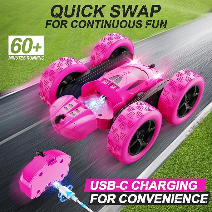 RC Cars Rose Remote Control Car for Girls 2.4 GHZ Double Sided RC Stunt Car 360° Rotating Remote Control Crawler with Headlights Car Toys for 6 7 8 9 10 11 12 Girls Birthday Gift