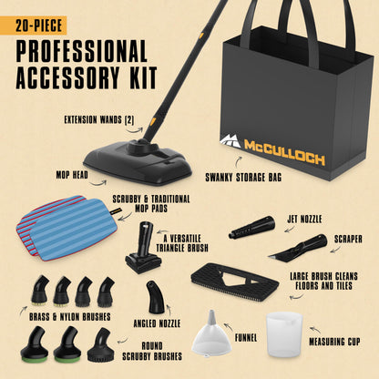 McCulloch Canister Steam Cleaner MC1375, 90 Minute Runtime, 20 Accessories, Jet Nozzle, Brushes, & More - Steam Cleaner for Home, Tile, Carpet, Furniture, & Personal Car Detailing