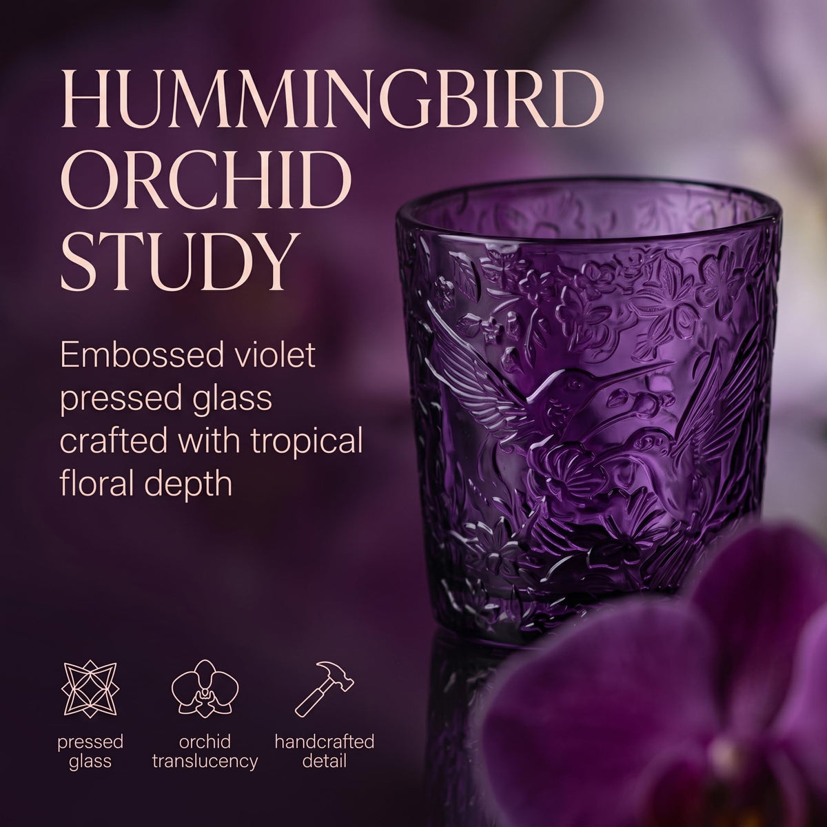 12 Pack Hummingbird Embossed Glass Candle Holders – Votive Tealight Holders with Patent Design, Decorative Embossed Glass Cups for Wedding Centerpieces, Parties, and Home Décor (Amethyst Bloom)