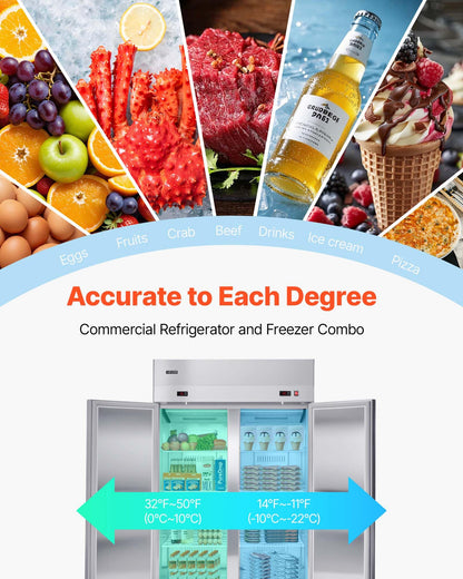 VEVOR Commercial Refrigerator and Freezer Combo 48" W, 31 Cu.Ft Stainless Steel Upright Freezer/Refrigerator with 4 Doors, Auto-Defrost, 6 Adjustable Shelves, UL Certified