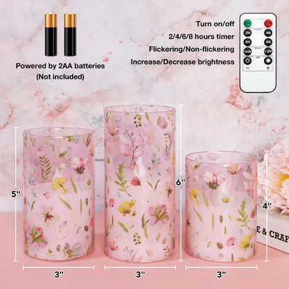 Silverstro Pink Flameless Candles with Remote Timer, Glass Battery Operated Candles, Pink Flower Decals LED Candles for Home Party Wedding Mother's Day Thanksgiving Decor Set of 3