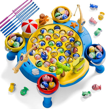 ORANGE OCEAN 70 PCS Magnetic Fishing Table Game for Kids Boys Toddlers Ages 3-5 4-6 Magnetic Fishing Toys with 360° Rotation &amp Sound Birthday Toys Gifts for 3 4 5 6 Year Old Boys Kids 1-8 Playe