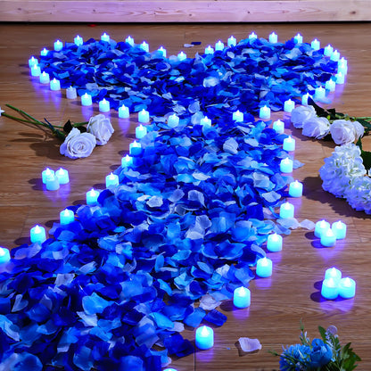 Coume 6000 Pcs Artificial Rose Petals with 72 Pcs Flameless LED Candles Romantic Decorations Fake Candles Happy Anniversary Decorations for Wedding Night (Blue, Blue Series Petal)