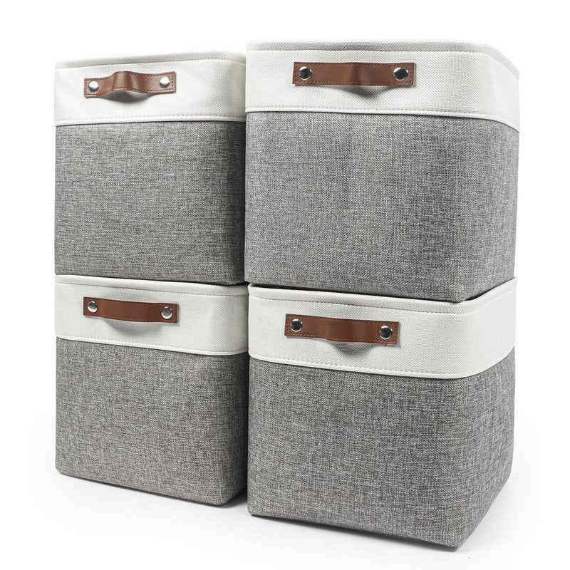 Bagnizer 13x13 Cube Storage Bins, Collapsible Fabric Storage Box, 4 Pack Closet Baskets with Handles for Organizing, Shelf, Toys, Clothes, Home, Office, Nursery (Grey&White)