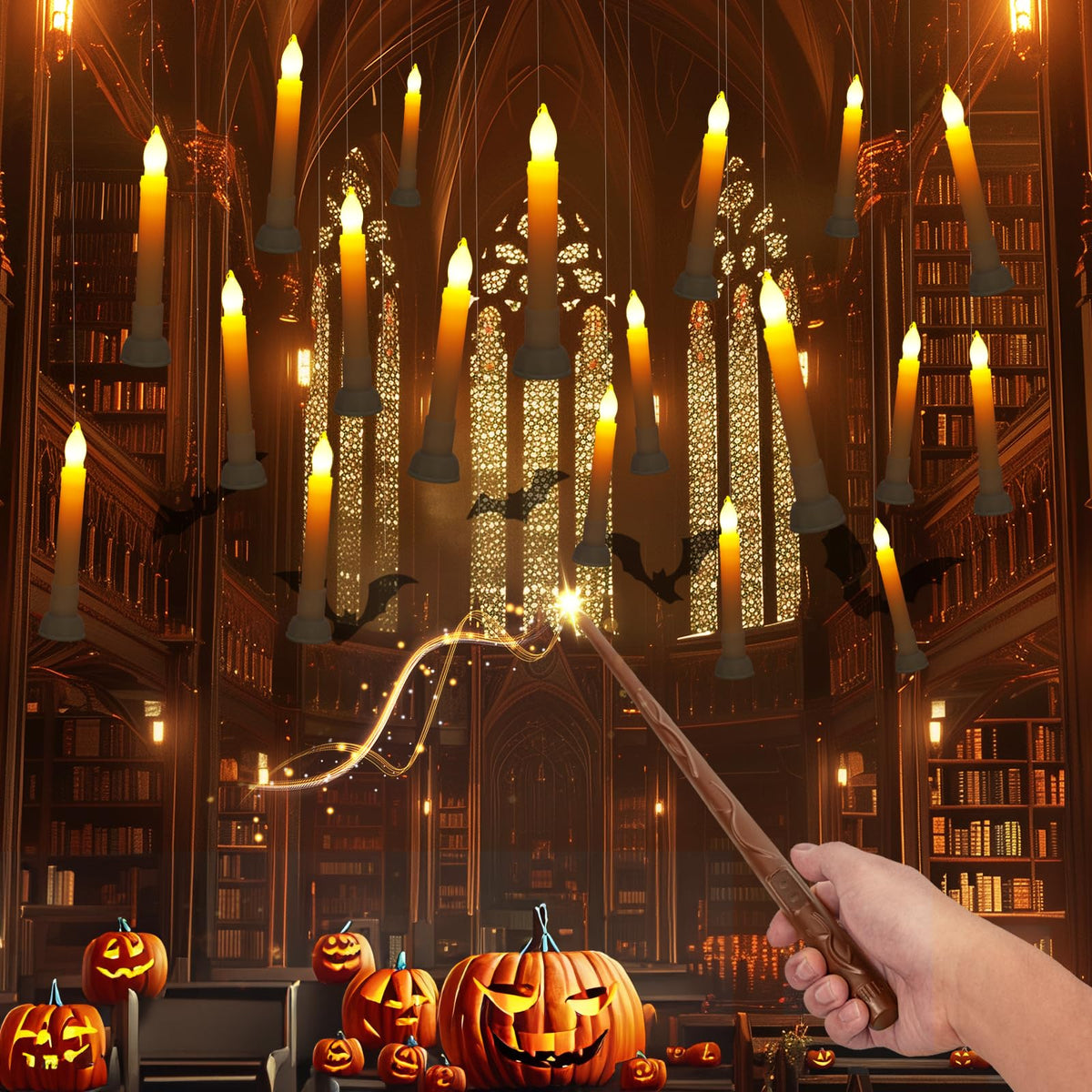Amagic Batteries Included Floating Candles with Wand Remote, 12pcs Flickering Warm Light Flameless Taper Candles, Magic Hanging Candles with Base for Birthday Party, Halloween Decorations