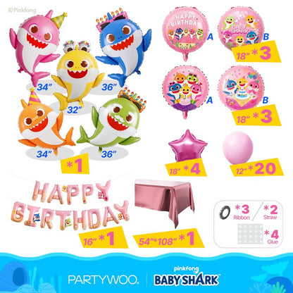 PartyWoo Baby Shark Family Foil Balloons 37pcs Baby Shark Family Pink Round Star Mylar Happy Birthday Letter Balloons for Boys and Girls Under the Sea Kids Birthday Party Decorations