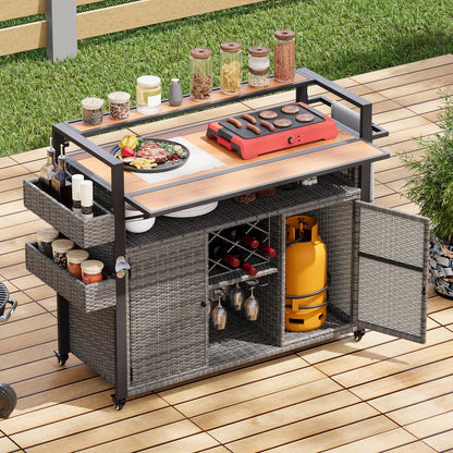 Dfchlda 52.8" Wicker Outdoor Grill Cart with Extended Plastic Wood Table Top, Rolling Kitchen Island with Storage Cabinet, Double Handle Design for Patio, Backyard, Garden, Poolside(Grey)
