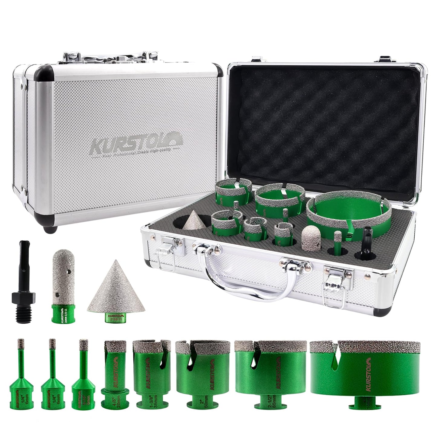 KURSTOL Tile Hole Saw Kit - 9pcs Diamond Core Drill Bits 6/6/8/20/25/35/50/65/100mm+4/5" Milling Finger Bit+2" Beveling Chamfer Bit+SDS Shank to 5/8"-11 Thread for Porcelain Ceramic Marble Granite