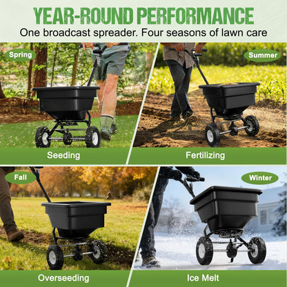 PPOLB Broadcast Spreader for Lawns, 100LB Fertilizer Spreader with 30-Level Flow Control, Walk Behind Lawn Seed & Salt Spreader, 0–10FT Coverage, Hopper Screen, Rain Cover, 12" Pneumatic Wheels