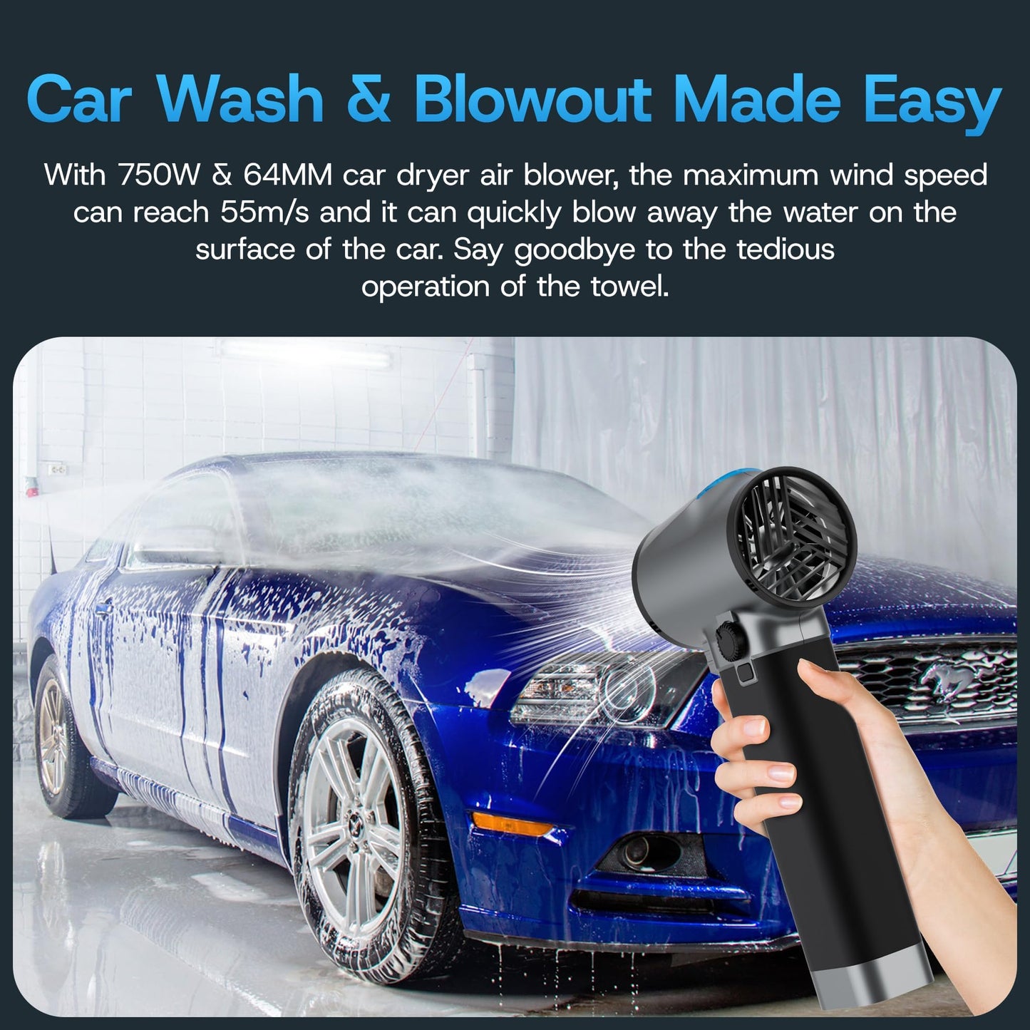 Thrustmax Turbo Dryer Blower for Car, Max 220MPH & 3.1LB Thrust, with Silicone Grip and COB Lights, 64MM & 750W Brushless Motor Car Blower, Portable Leaf Blower for Patio, Lawn and Car Cleaning