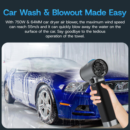 Thrustmax Turbo Dryer Blower for Car, Max 220MPH & 3.1LB Thrust, with Silicone Grip and COB Lights, 64MM & 750W Brushless Motor Car Blower, Portable Leaf Blower for Patio, Lawn and Car Cleaning