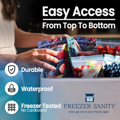 FREEZER SANITY The Original Chest Freezer Organizer Bins, Stackable Storage Organizers, Deep Freezer Dividers, Handles, Heavy-Duty, Waterproof (Large 19x14x9)