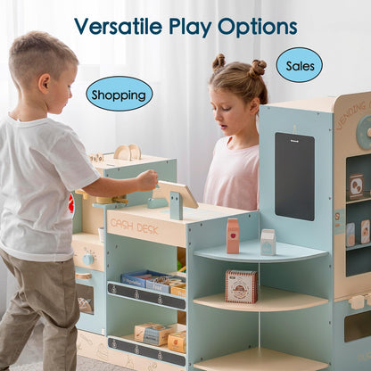 ROBOTIME Wooden Grocery Store Playset for Kids, Pretend Supermarket with Cash Register and Vending Machine, Grocery Toy Set for Toddler Boys and Girls