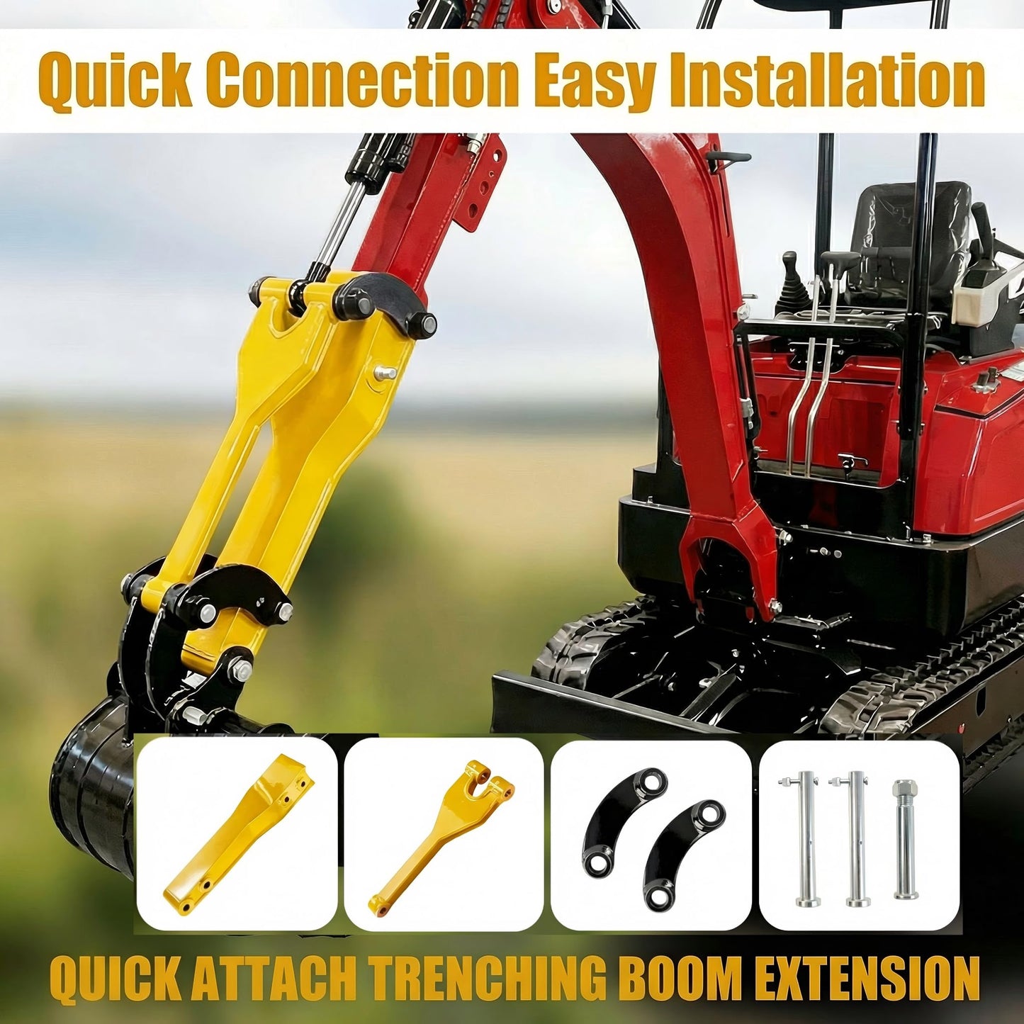 Upgrade 26" Mini Excavator Boom Extension, Arm Extension for 0.8-2 Ton Mini Excavator, 6mm Thickened Bushing-Free Boom with Oil Passage, Quick-Release, Extended Reach, No Deformation and Breaking