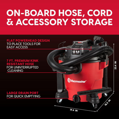 Vacmaster 12-Gallon 5.5 Peak HP Heavy-Duty Wet/Dry Vacuum - VJH1211PF 1101