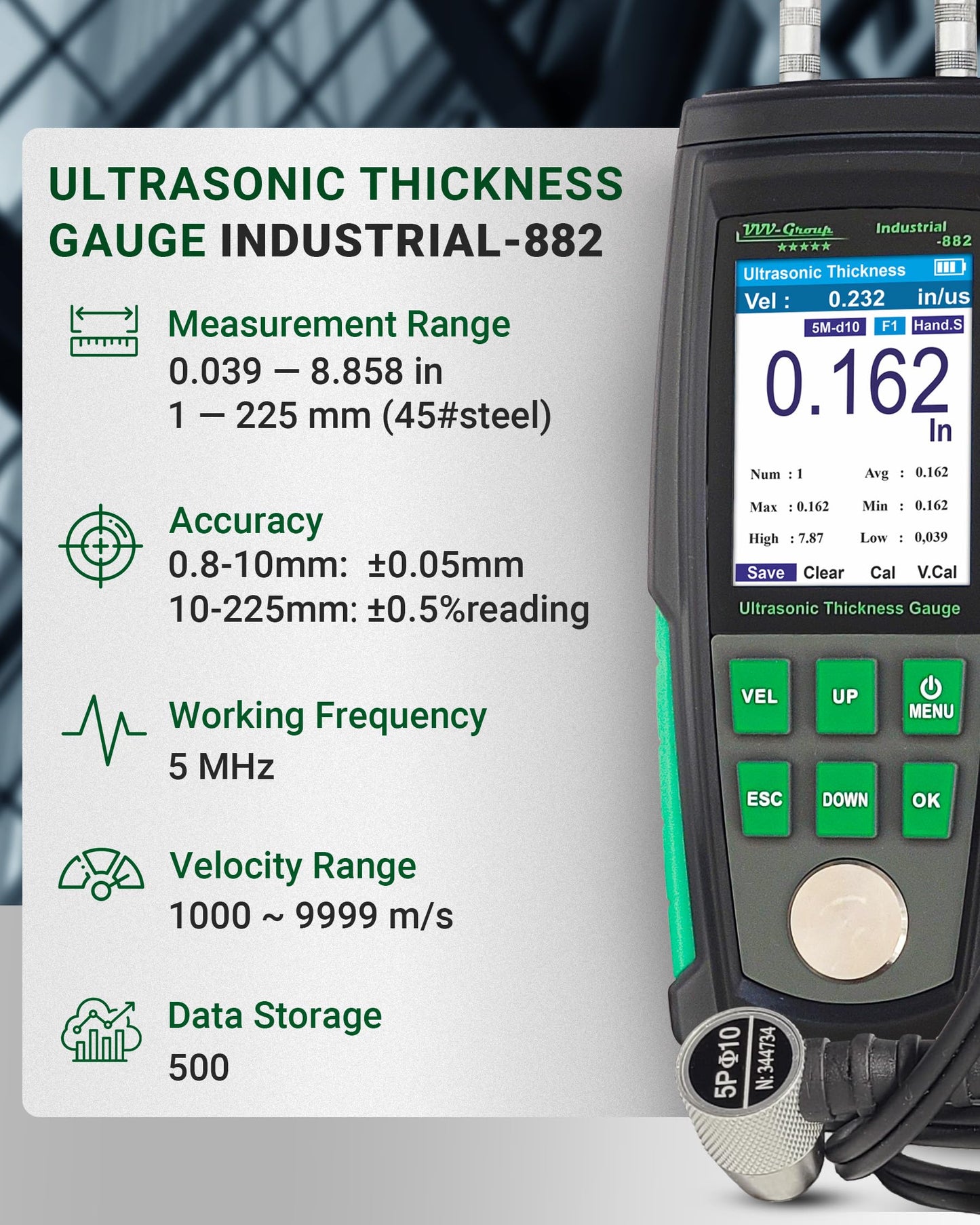 Ultrasonic Thickness Gauge Industrial-882 – Metal Thickness Tester for Steel, Pipes and Industrial Materials, 0.039–8.858 in (1–225 mm) Range, Color LCD, Auto Calibration, Handheld Thickness Tester