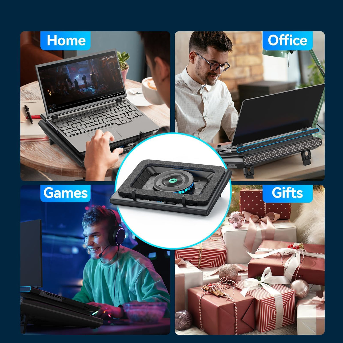 llano Laptop Cooling Pad, Gaming Laptop Cooler with Powerful Turbo Cooling Fan(5.5inch Diameter), Infinitely Variable Speed, Touch Control, 3-Port USB A, Sealed Foam for Fast Cooling Laptop 15.6-21in
