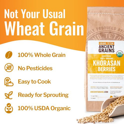 Grand Teton - Ancient Grains Khorasan Wheat Berries, 100% Organic Berries, Premium Food-Grade Khorasan Grain, For Milling, Sprouting, Baking, Salads, Pilafs, & Soups, 5 lbs