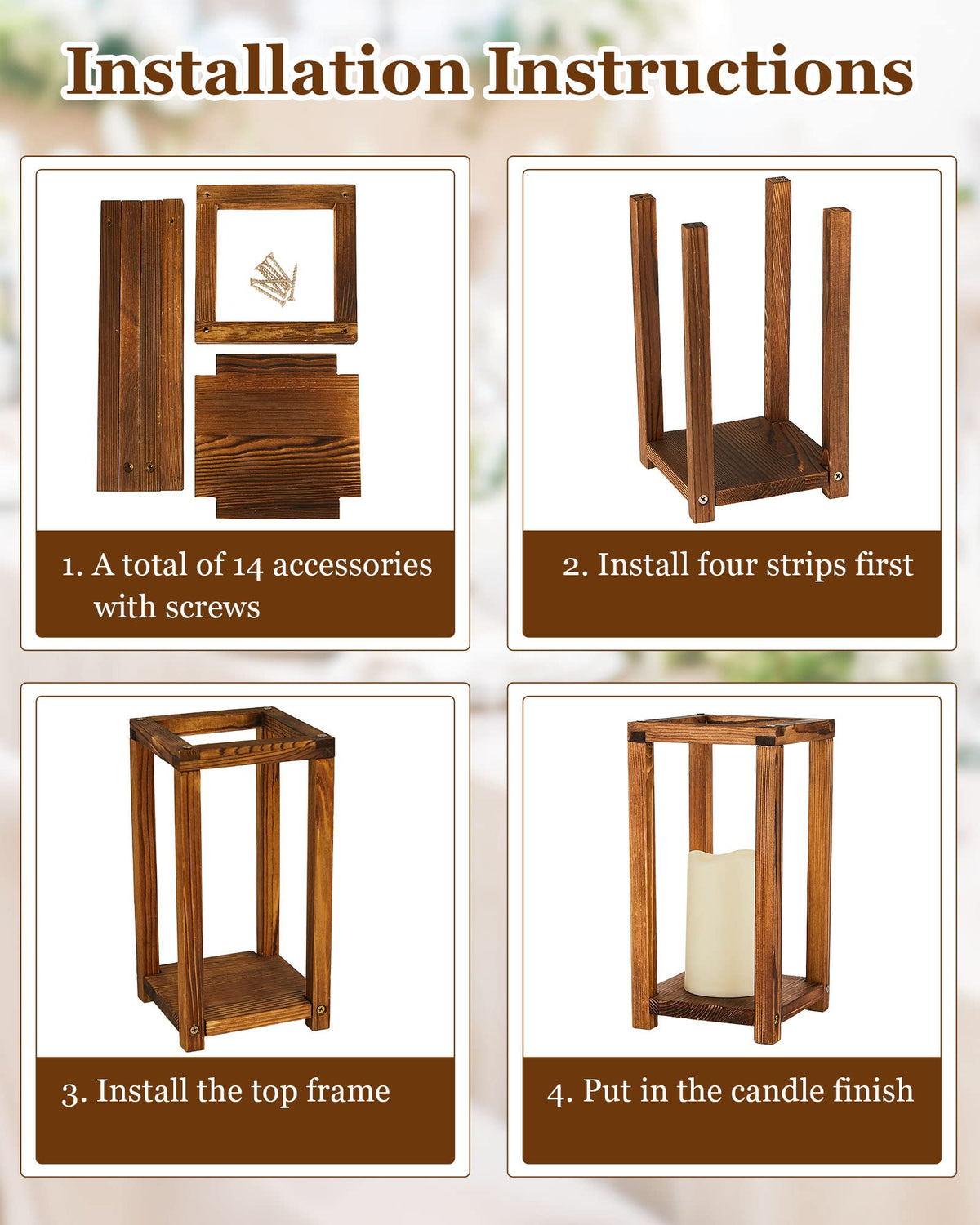 Huquary 8 Pcs Wooden Wedding Lantern Centerpiece for Table Decoration Includes 4 Farmhouse Candle Holder and 4 Flameless Decorative LED Candles for Rustic Home Wedding Decor(Dark Brown)