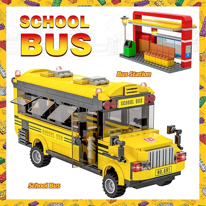 School Bus Building Blocks Set City School Day Bus Construction Playset with School Bus &amp Station Education Learning Roleplay STEM Brick Toys Ideal Gift for Kids Boys Girls Aged 6+ (488 Pieces)