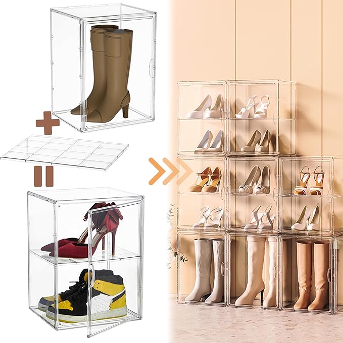 XXX-Large Clear Acrylic Display Case Boot Shoe Storage Boxes With An Adjustable Divider2 Pack 2 Tiers Clear Plastic Stackable Storage Bins With Lids Big Display Acrylic Box With Magnetic Door