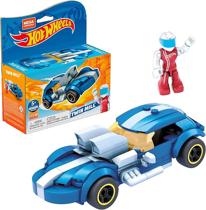 MEGA Construx Hot Wheels Race Car Building Toys Set Twin Mill with 111 Pieces 1 Micro Action Figure Driver Blue Kids Ages 5+ Years