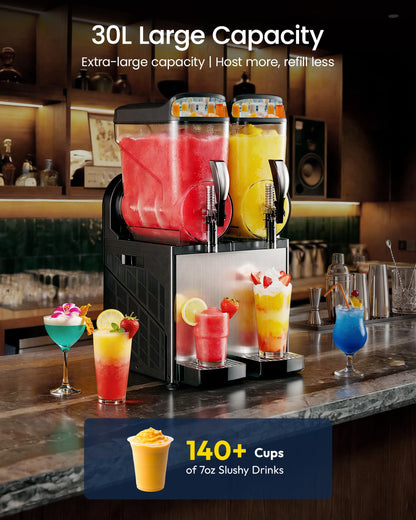 ICEVIVAL 30L Double Tanks Commercial Slushie Machine, Margarita Frozen Drink Machine with Independent Controls & LED,Commercial Slushy Machine Top for High-Traffic Bars Restaurants, ETL Certificated
