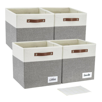 Bagnizer Collapsible Fabric Storage Cube Bins with 2 Reinforced PU Handles, Foldable Storage Organizer Baskets for Closet, Shelves, Living Room | 13"x13"x13", 4 Pack, Gray & White