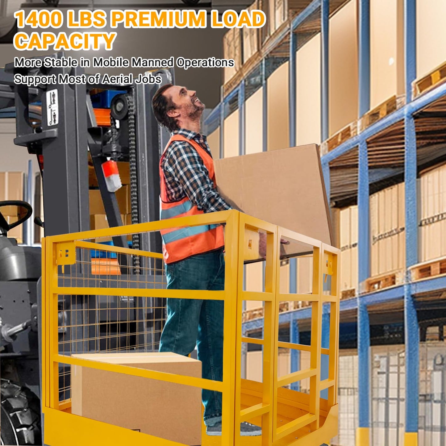 43"X45" Forklift Safety Cage, 1400 LBS Forklift Man Basket Work Platform with Safety Strap ＆ Lockable Swivel Wheels, Heavy Duty Collapsible Lift Cage for Most Aerial Jobs