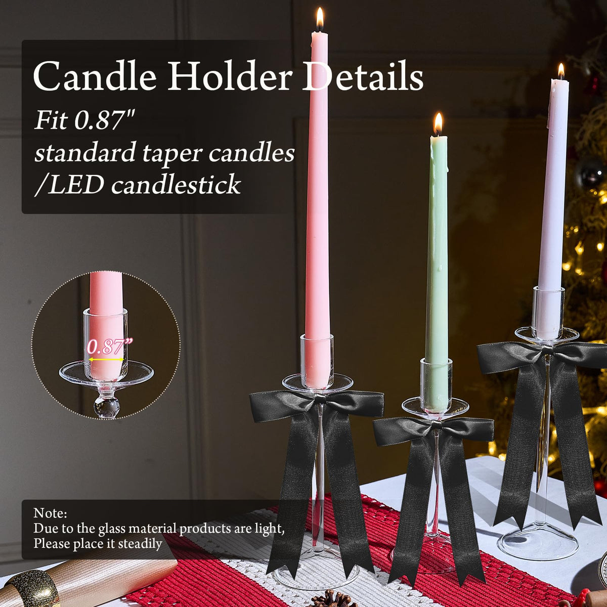 CHILL RECIPE Bow Candle Holder Glass Taper Candlestick Holders with Built-in Candle Drip Protectors Bows Decor for Table Centerpiece Wedding Party Halloween(Black)