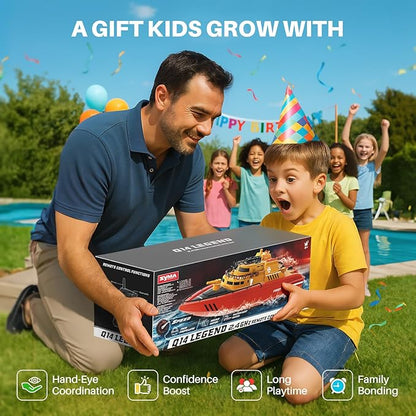 SYMA Remote Control Boat Big RC Boat Firefighter for Kids 8-12 with 40 Mins Run Time (2 Batteries) One-Key Water Spary 15 km/h High Speed and Low Battery Warning Pool Toys for Boys Girls
