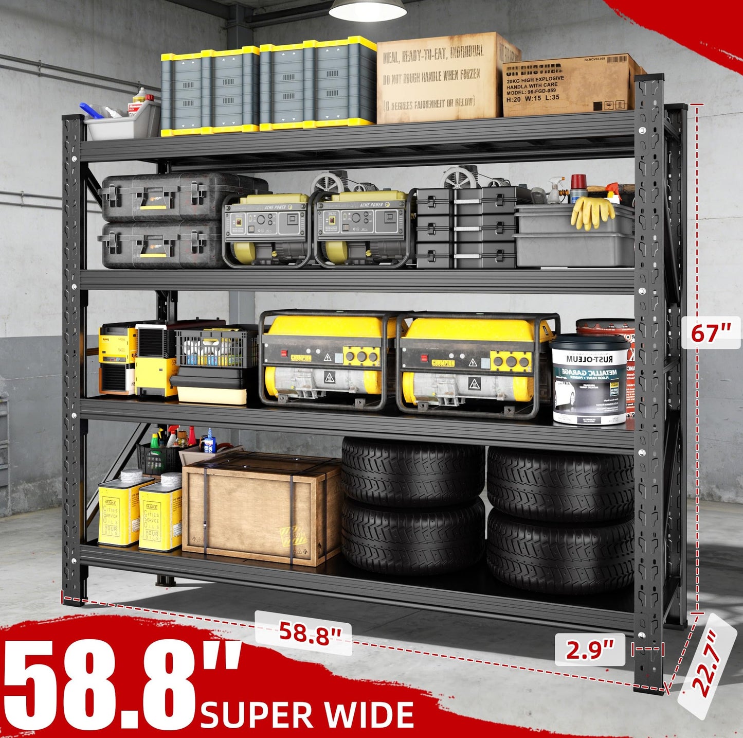 Lionhon Heavy Duty Garage Shelving, 59" W x 23" D x 67" H, 5000 LBS Capacity, 4-Tier Adjustable Metal Storage Shelves, Reinforced Steel Storage Rack for Garage, Warehouse, Basement