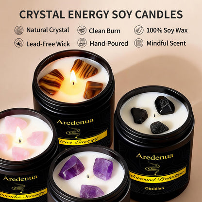Aredenua Scented Candles Set, 4 Pack Crystal Healing Candles with Rose Quartz Amethyst Tiger Eye Obsidian, 7oz Natural Soy Wax Candles, Lavender Citrus Sandalwood Cedar, Meditation Gifts for Women Men