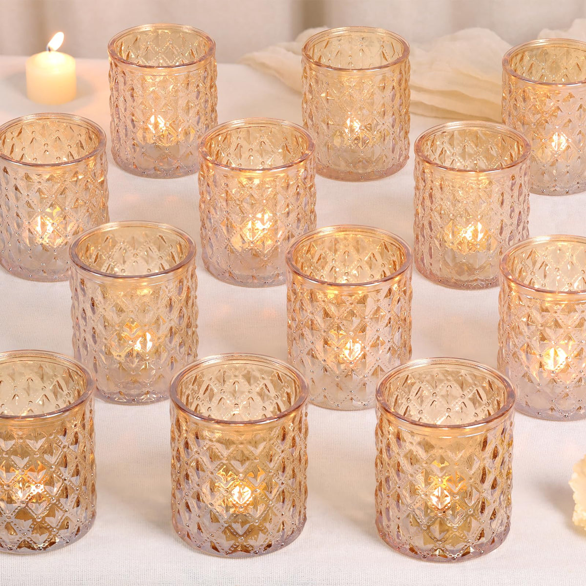 MATAHUM 12 Pcs Large Votive Candle Holders 2.8 * 3.2inch Gold Tea Light Candle Holders Glass Candle Holder for Bridal Shower, Wedding, Table Centerpiece, Party, Home Decor