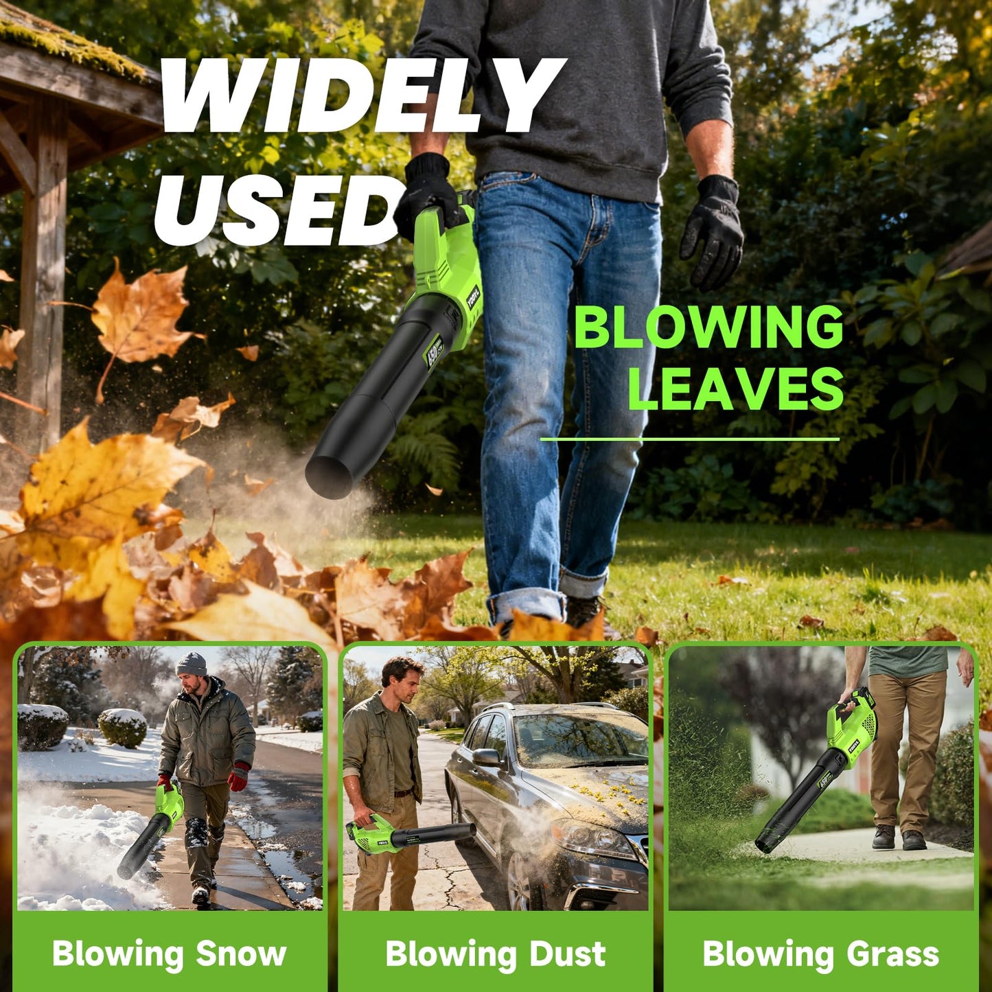Leaf Blower Cordless, 650CFM Electric Leaf Blowers with 2 x 5.2Ah Batteries and Charger, 3 Speed Modes, 1 x Adjustable Shoulder Strap, Powerful Blowers for Lawn Care, Patio, Dust, Blowing Leaves
