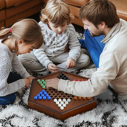 15 Large Upgraded Wooden Chinese Checkers Game Board – Premium 16mm Glass Marbles (60 + 12 Extras) Easy Grip Storage Drawer Ideal Multi-Player Puzzle Game for 2-6 Players