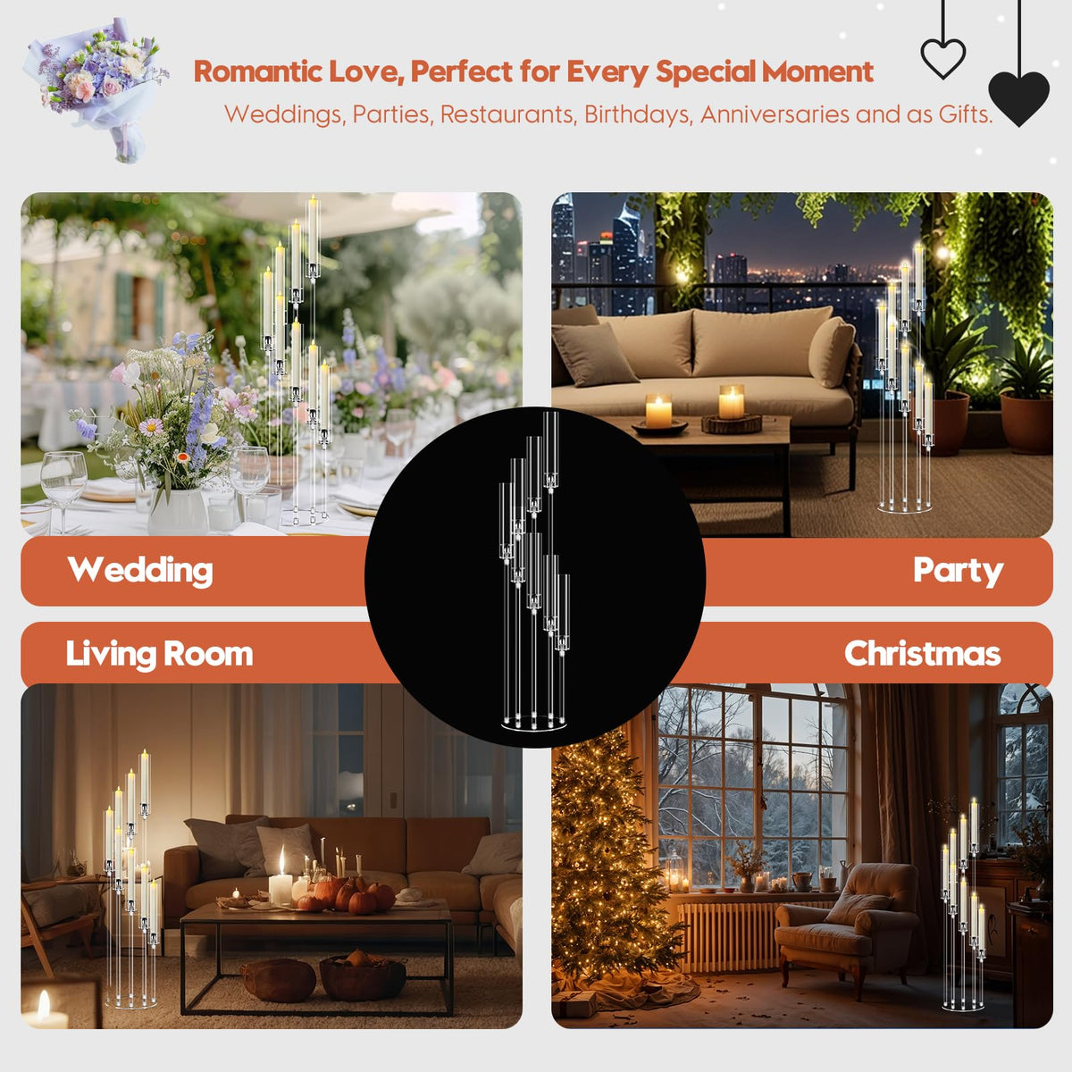2 Set 8 Arm Acrylic Candle Holder, Mjkeomo 49.2'' Tall Candelabra Centerpieces for Tables Clear Candlesticks Holder for Housewarming Gift Fireplace Halloween Christmas Decor Fit 0.87'' LED Candle
