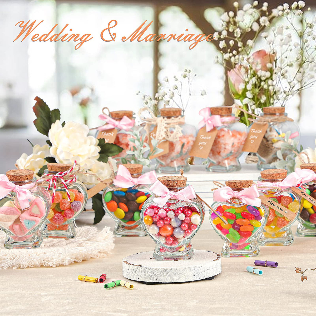 Honeymoon Sand Keepsake Jar 2026, 20 Pack Heart Shaped Spell Jars Coloured Paper Scrolls, DIY Gift for Valentine's Day, Small Glass Jars with Cork Lid for Baby Shower, Wedding Favor