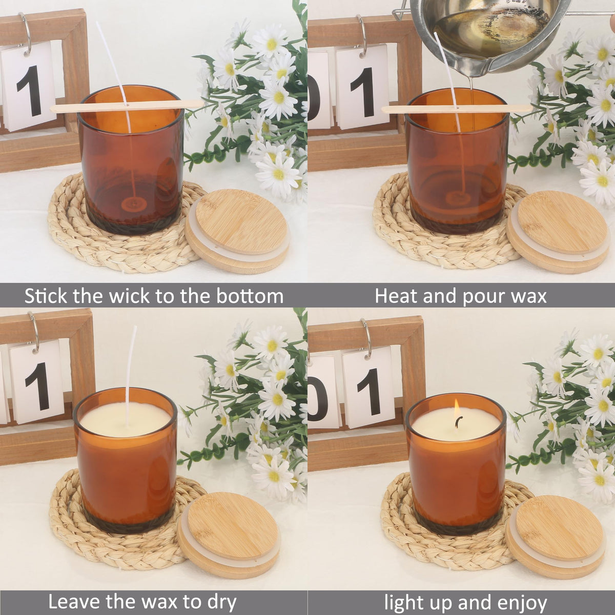 MILIVIXAY 12Pack 12 OZ Amber Thick Glass Candle Jars with Lids - Bulk Empty Candle Jar for Making Candles - Spice, Powder Containers.