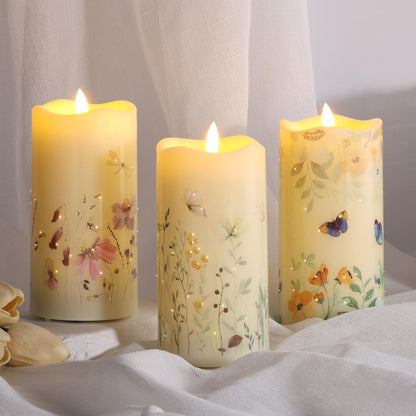 Eywamage Fiber Optic Flameless Pillar Candles with Remote Set of 3, Butterfly Floral Spring LED Candles Battery Operated Gift Φ 3" H 6"