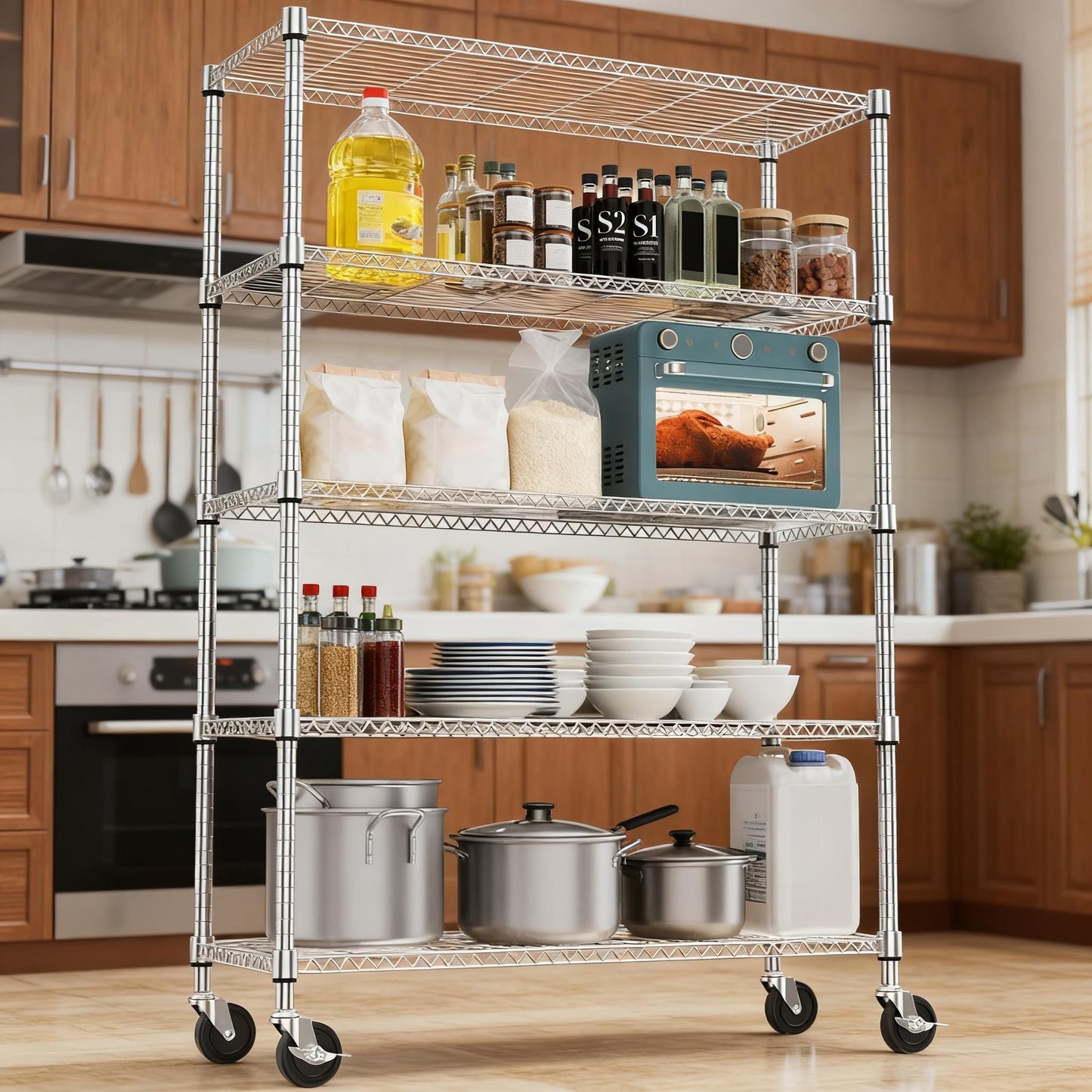 M MZG 1750LBS 47.2" W 5 Tiers Storage Shelves Metal Shelving Unit with Wheels Heavy Duty Garage Shelving Adjustable Wire Shelves for Pantry,Kitchen,Garage,Basement,Chrome 17.7" D x 47.2" W x 76.8" H