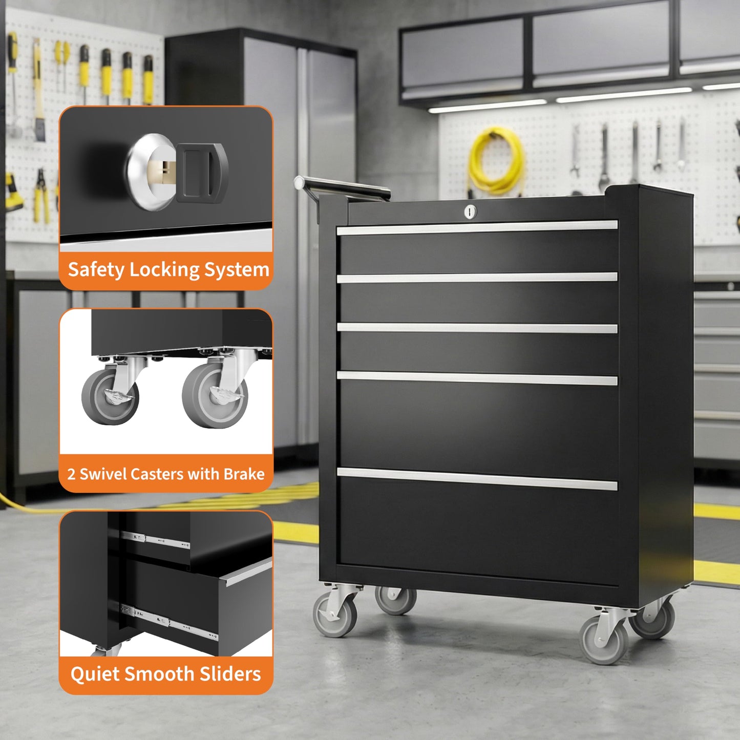 Rolling Tool Chest, 5 Drawers Tool Storage Cabinet with Wheels, Portable Tool Cabinet Organizer with Locking System & Drawer Liners,Universal Lockable Wheels, Tool Storage Cart for Garage, Workshop