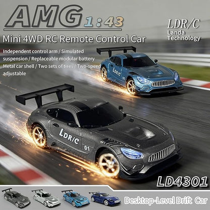 LDRC LD4301 1:43 Scale RC Drift Mini Car 2.4G Remote Control Car with Alloy Shell Built-in Gyroscope Mini Desktop Racing Vehicle for Indoor/Outdoor Play (Silvery)
